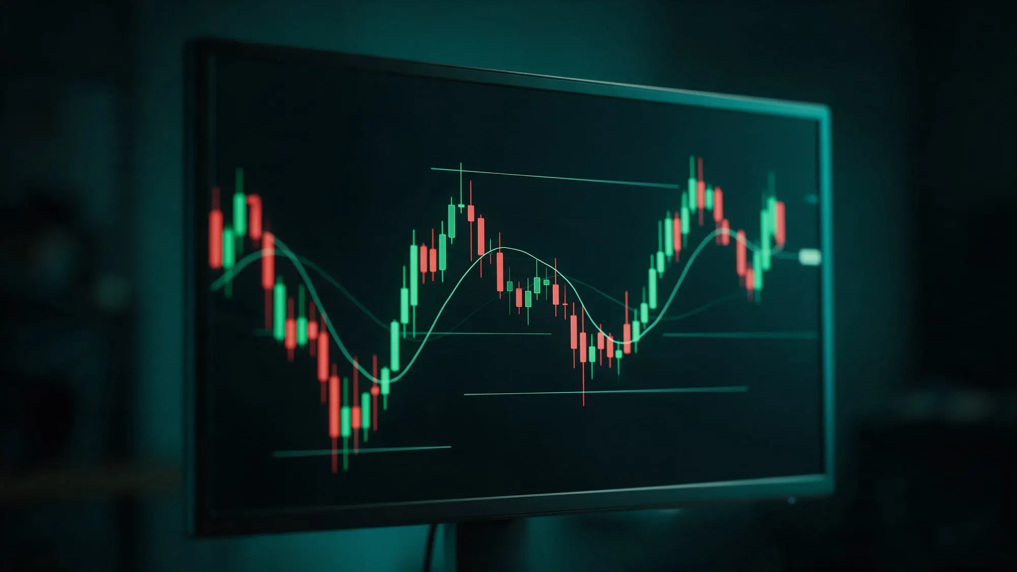 Monitor em ambiente escuro exibindo gráfico de candles com média móvel e linhas de suporte e resistência