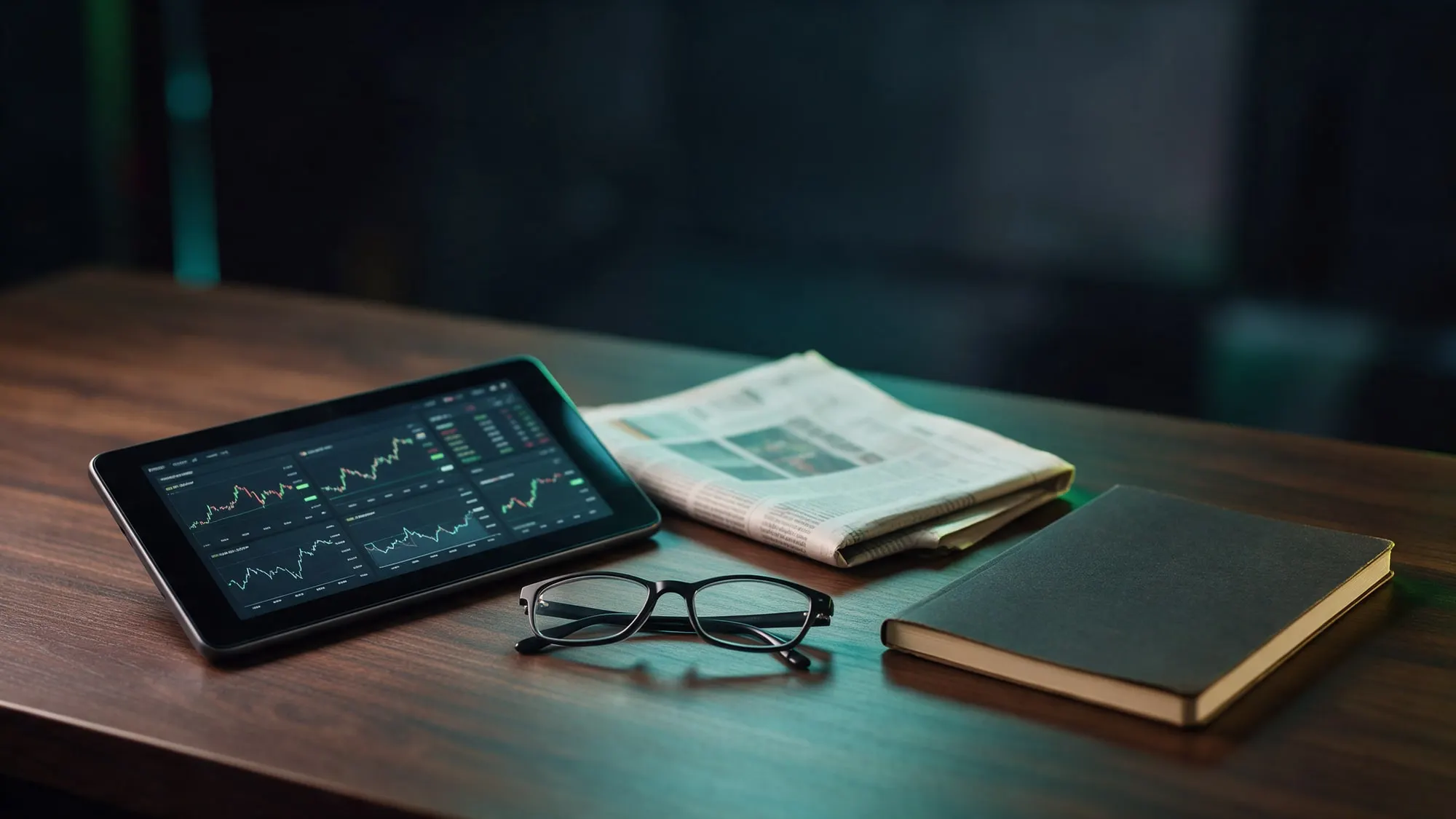 Tablet com painel de gráficos sobre uma mesa, ao lado de um jornal e um caderno de anotações