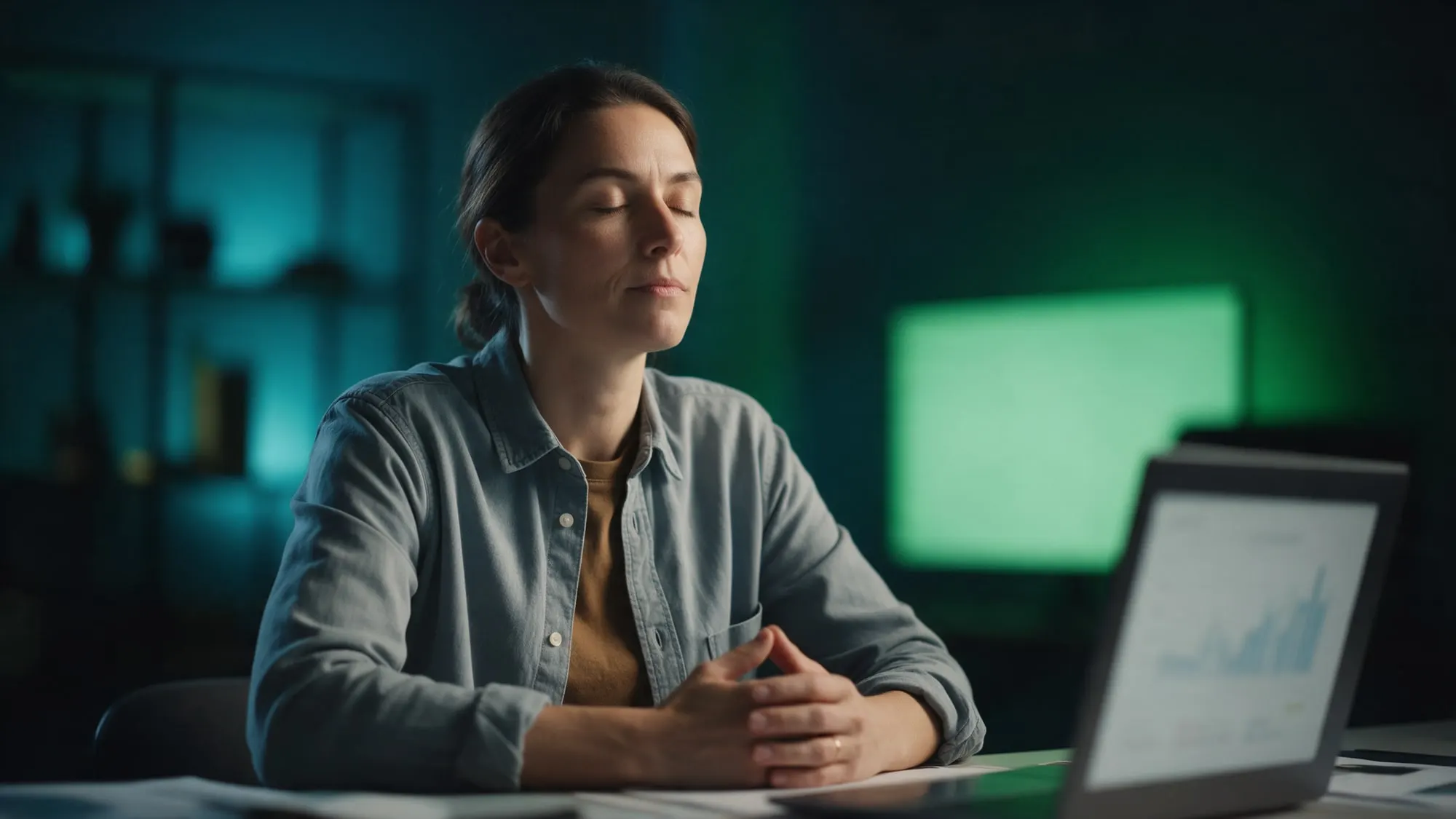 Pessoa de olhos fechados respirando fundo diante de um notebook, em ambiente escuro